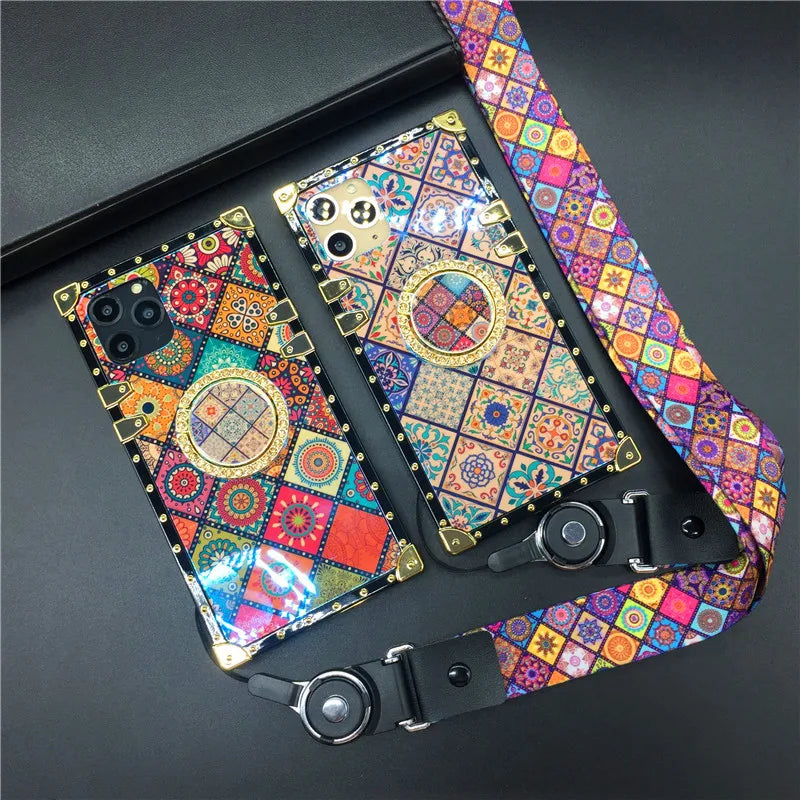 Luxury Patterned Case with Ring Holder & Strap for iPhone 14 - 16 Series  iPhone Cases YAG Boutique