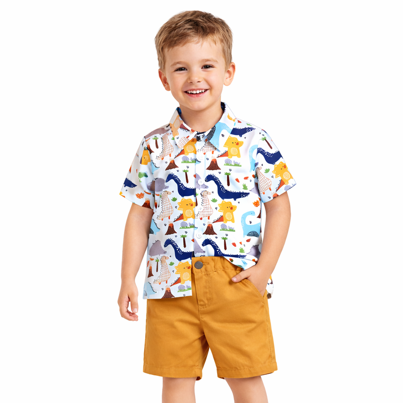 Boys Dinosaur Print Shirt & Mustard Shorts Set  kids clothing YAG Boutique