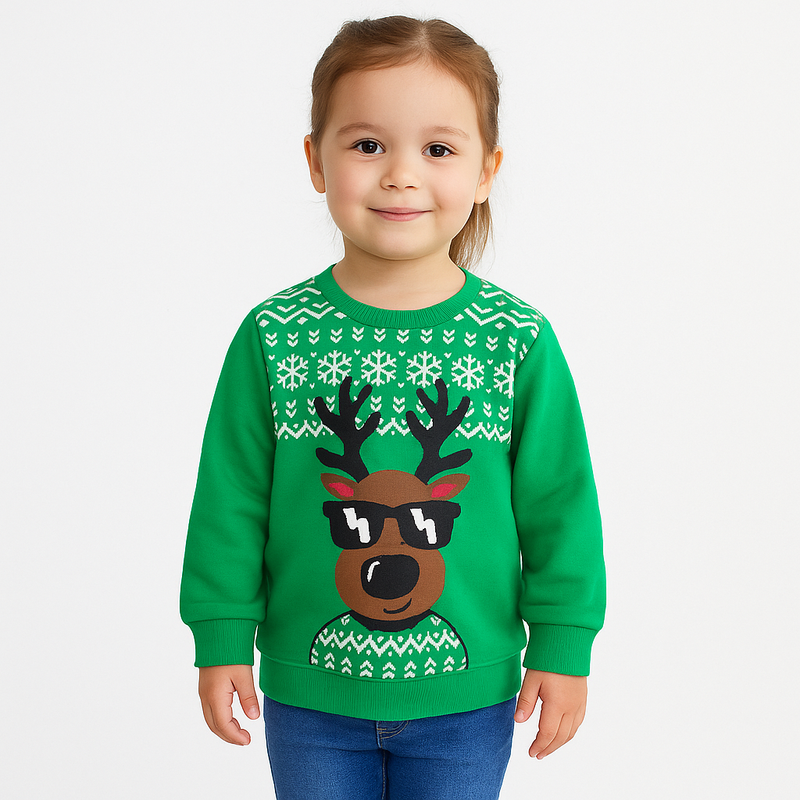 Christmas Reindeer Sweatshirt – Green Holiday Jumper with Cool Sunglasses Print  kids clothing YAG Boutique