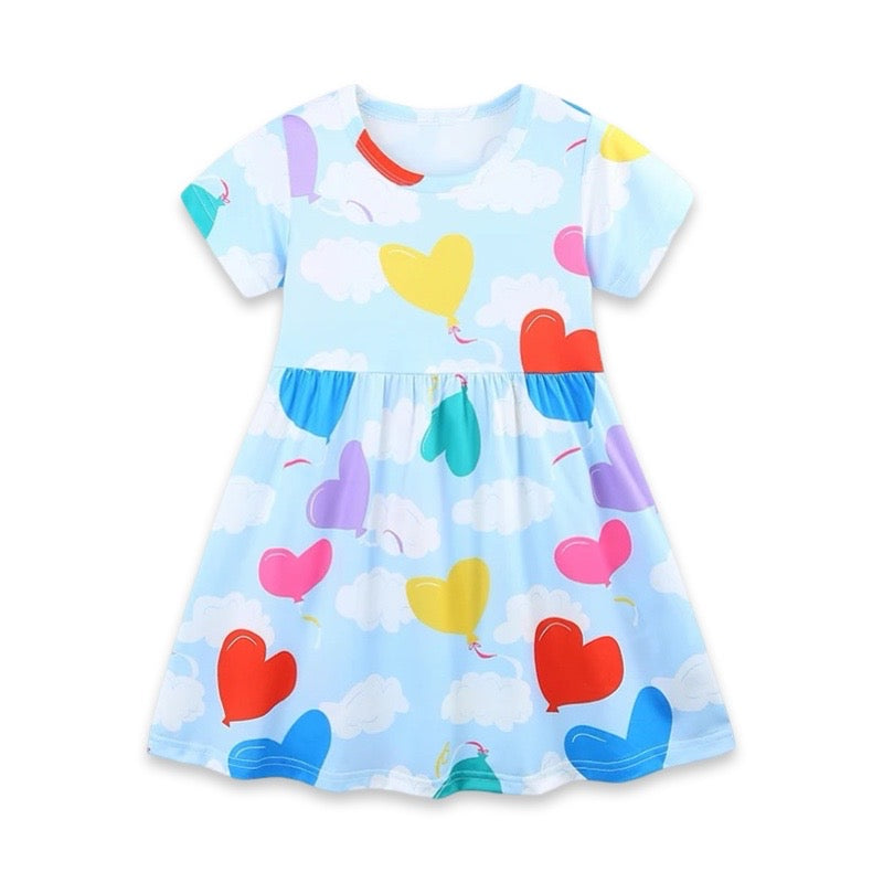 Whimsical Heart Balloon Sky Blue Toddler & Girls Cotton Party Dress  girls clothing YAG Boutique