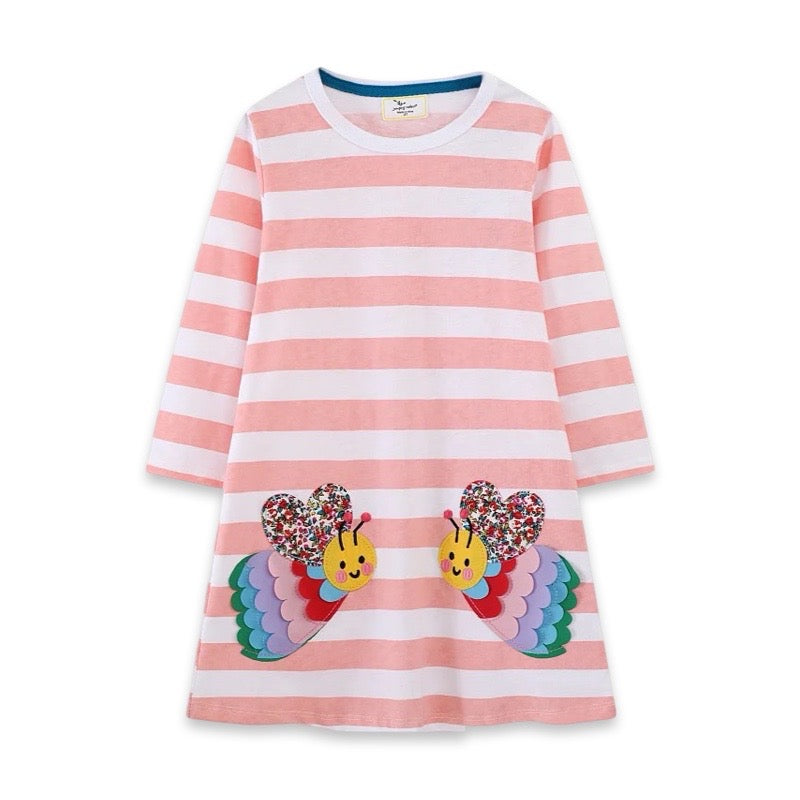 Girls Pink Striped Butterfly Long Sleeve Dress  girls clothing YAG Boutique