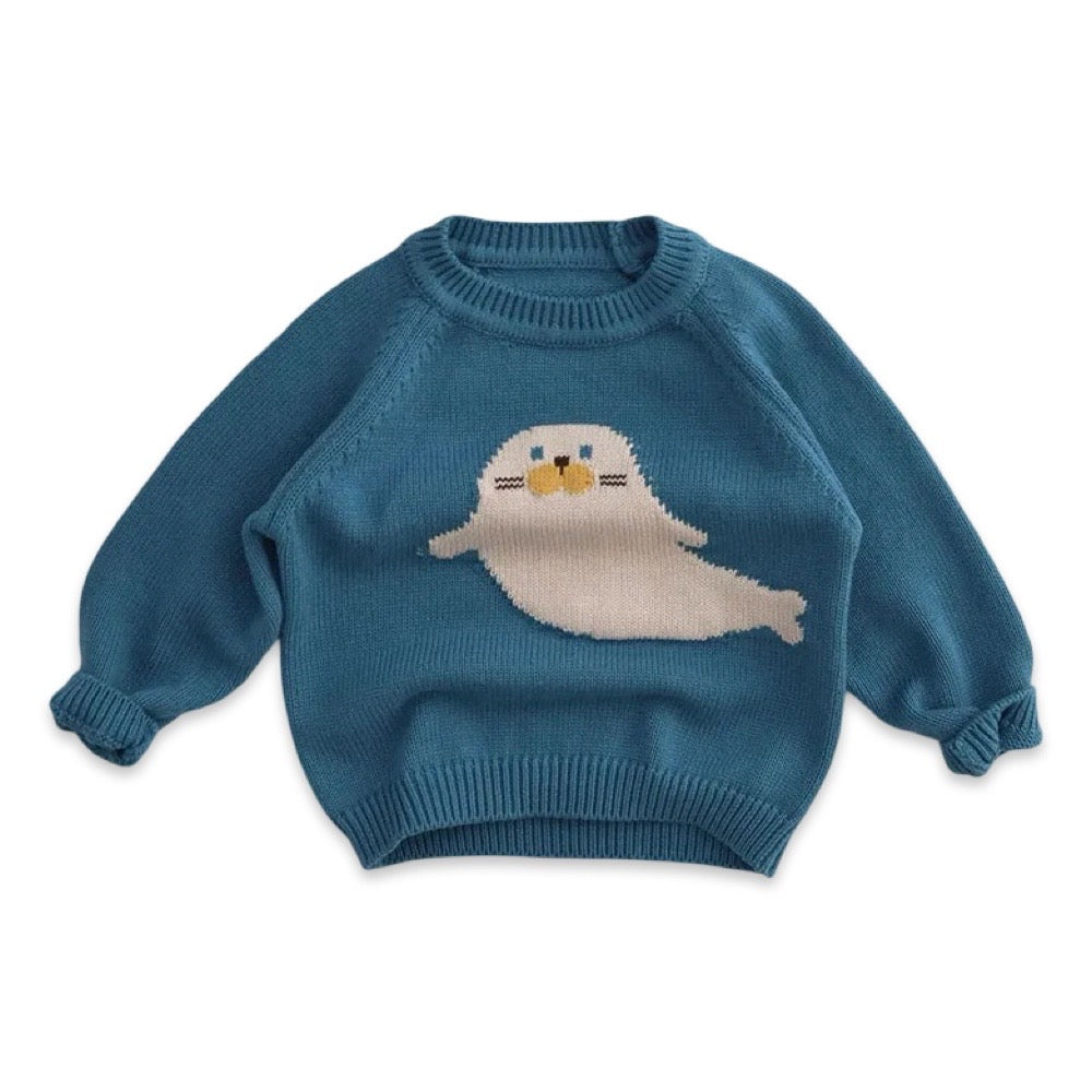 Ocean Teal Kids Seal Motif Knit Raglan Sweater  kids clothing YAG Boutique