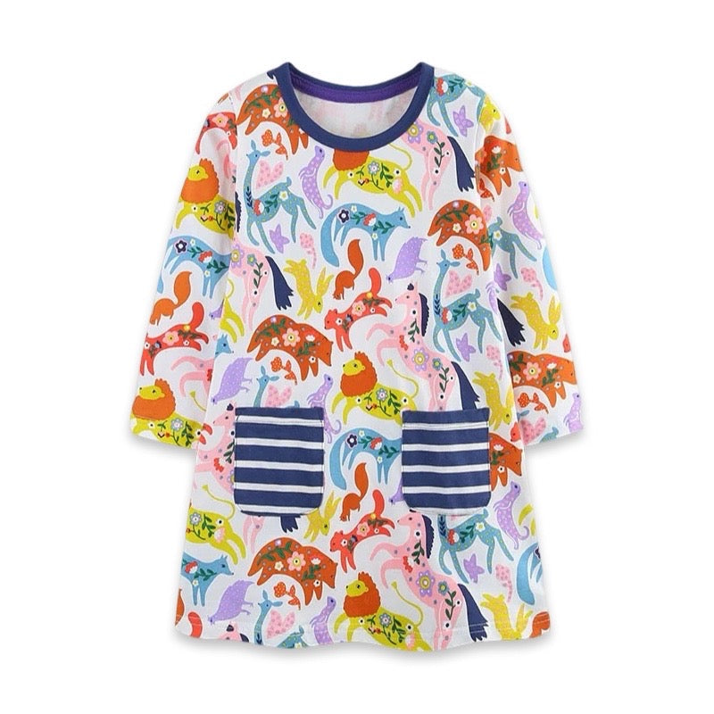 Enchanted Woodland Animal Long Sleeve Dress with Striped Pockets  girls clothing YAG Boutique