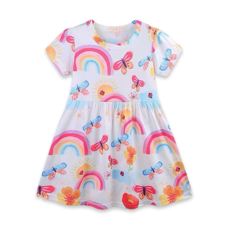 Girls Rainbow Sunshine & Butterfly Printed Summer Casual A-Line Dress  girls clothing YAG Boutique