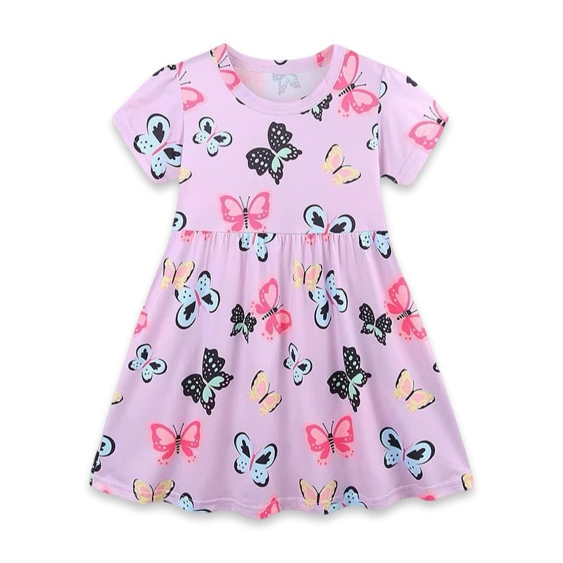 Girls Lilac Butterfly Print A-Line Stretch Dress  girls clothing YAG Boutique
