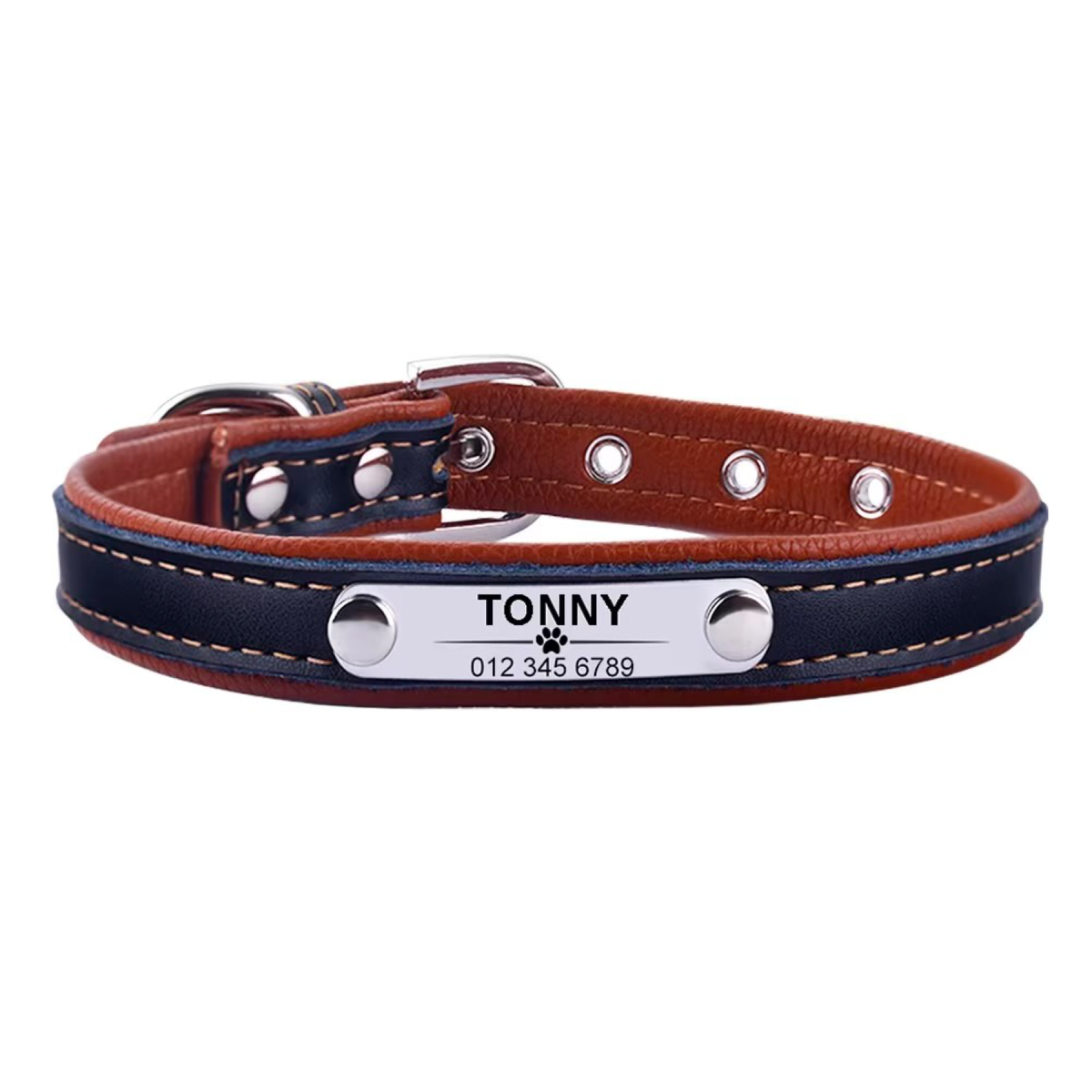 Adjustable Dog Collar - Stiched Two Tone  Leather Personalized  Collars Bandanas YAG Boutique