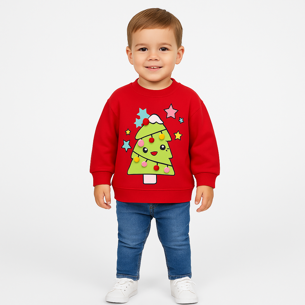 Kids Christmas Tree Jumper – Festive Red Sweatshirt with Cute Pom Pom Design