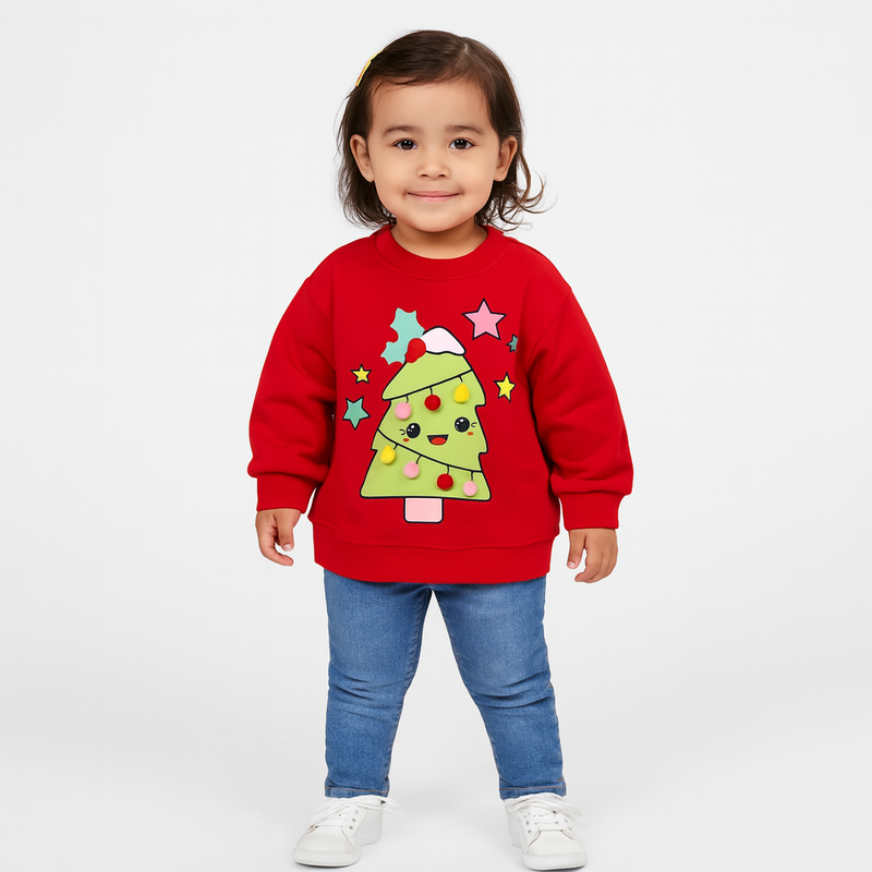 Kids Christmas Tree Jumper – Festive Red Sweatshirt with Cute Pom Pom Design