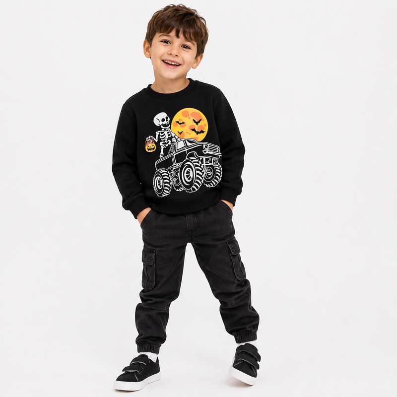 Kids Halloween Jumper: Glow-in-the-Dark Skeleton & Monster Truck Pullover  kids clothing YAG Boutique