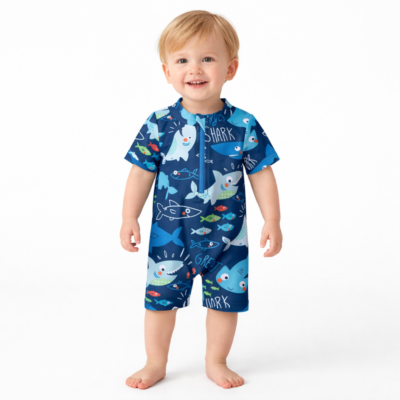 Kids Shark Print Zip Front Swimsuit Romper  kids clothing YAG Boutique