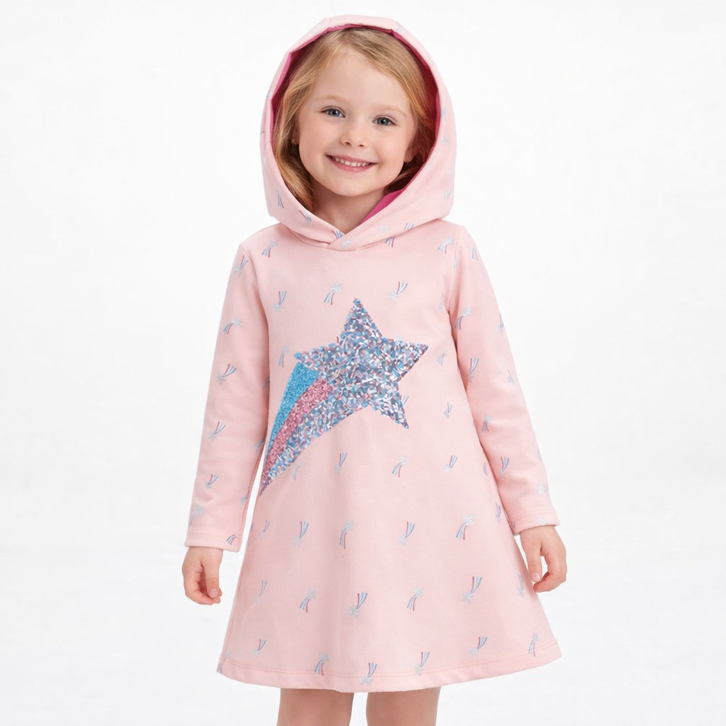 Girls Pink Sequin Shooting Star Hoodie Dress  girls clothing YAG Boutique