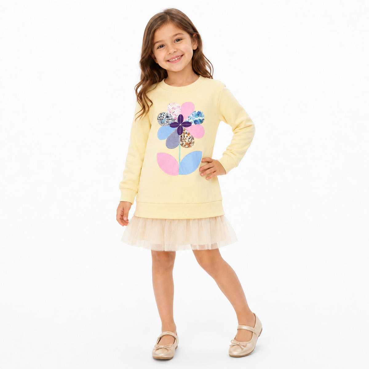 Lightweight Pastel Floral Patchwork Tunic Dress with Tulle Hem  girls clothing YAG Boutique
