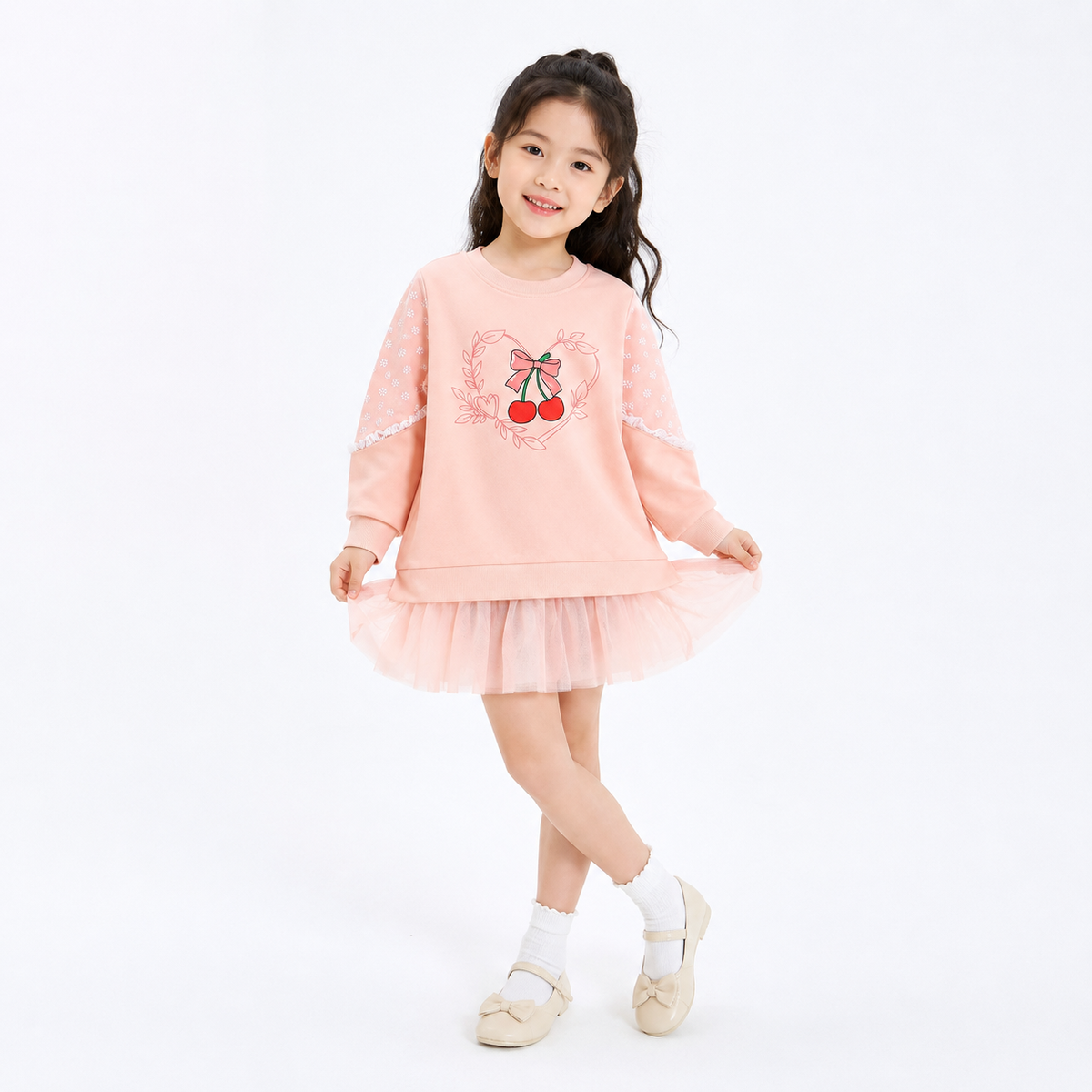 Little Cherry Tulle Hem Jumper: Blush Pink Girls' Sweatshirt  girls clothing YAG Boutique