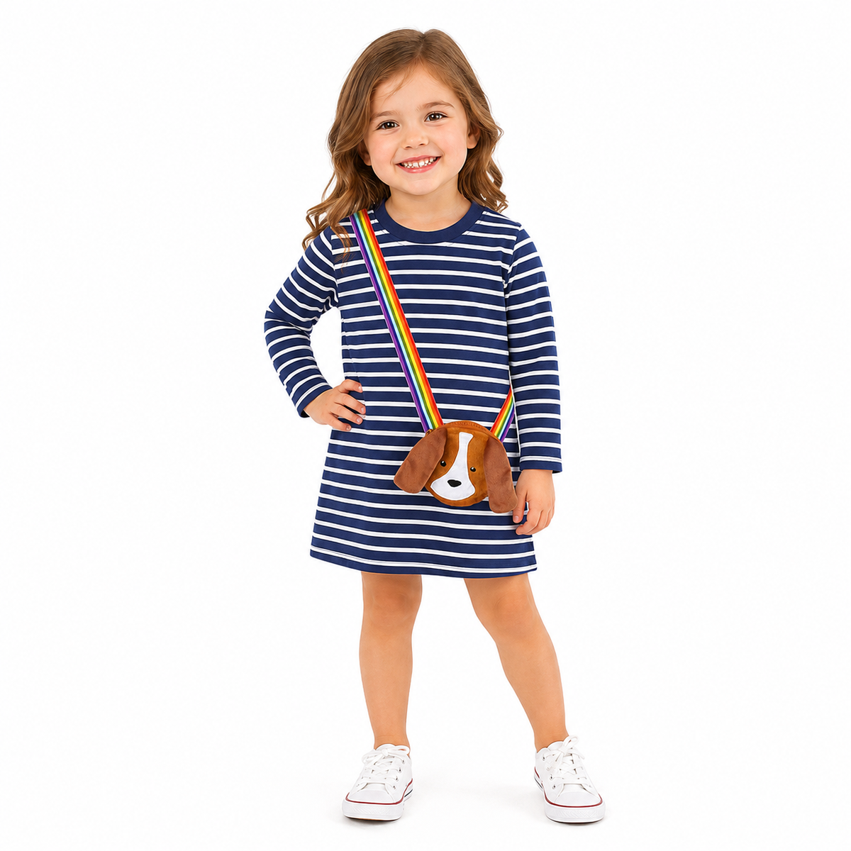 Little Explorer Rainbow Stripe Long Sleeve Dress with 3D Plush Puppy Crossbody Bag  girls clothing YAG Boutique