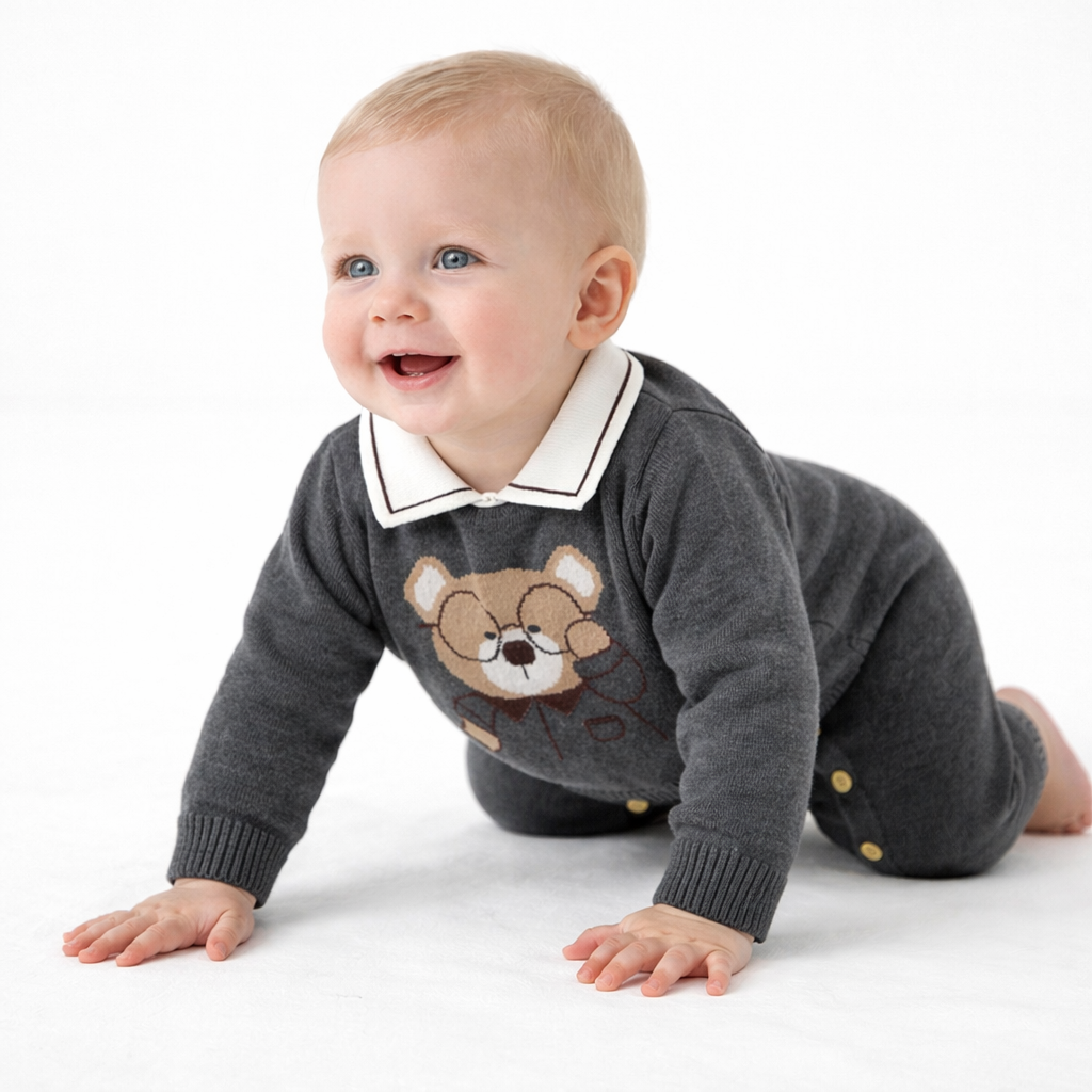 Teddy Bear Knit Baby Romper with Peter Pan Collar  kids clothing YAG Boutique