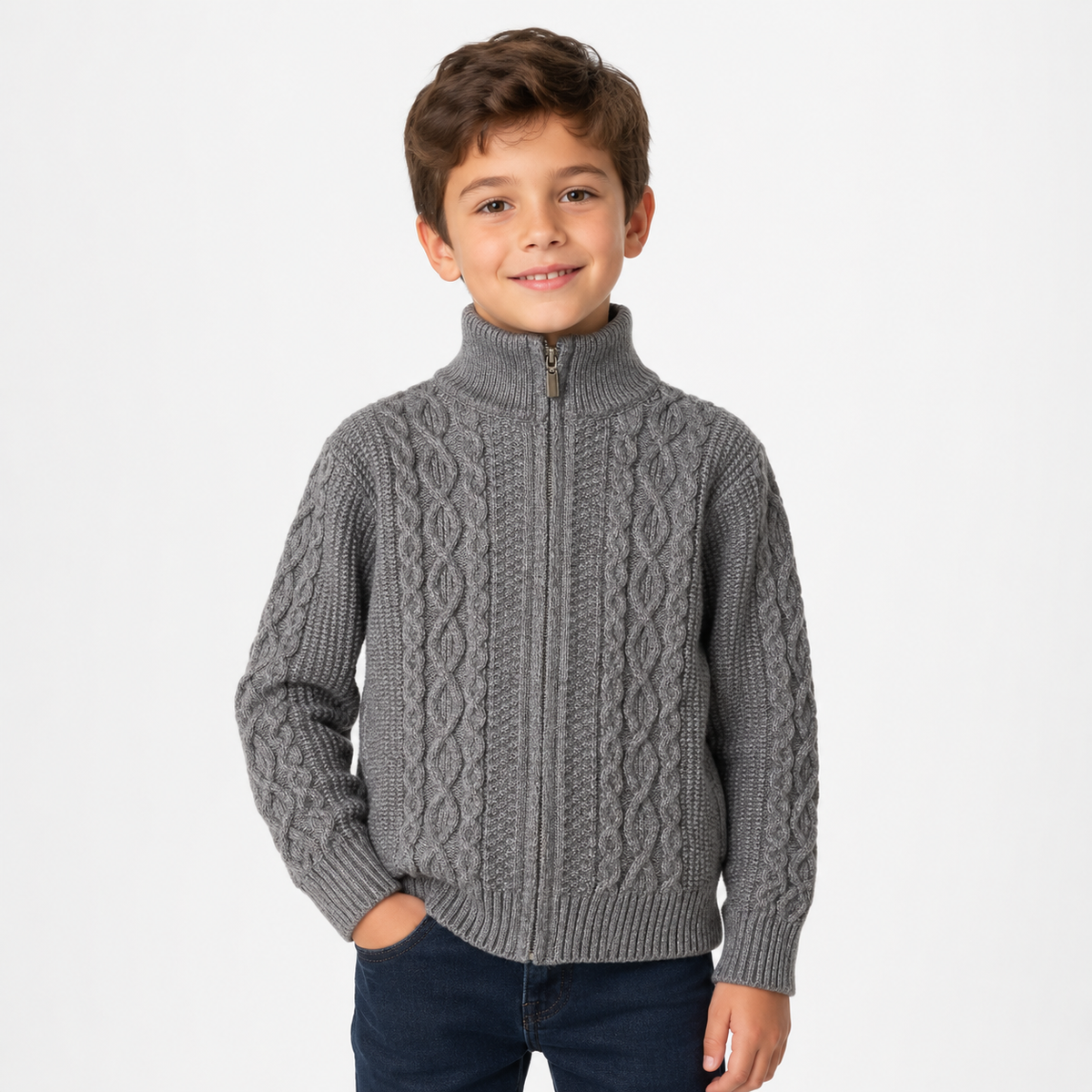 Luxury Cotton Cashmere Full-Zip Cable Knit Sweater
