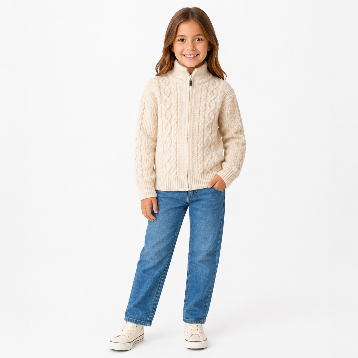 Luxury Cotton Cashmere Full-Zip Cable Knit Sweater