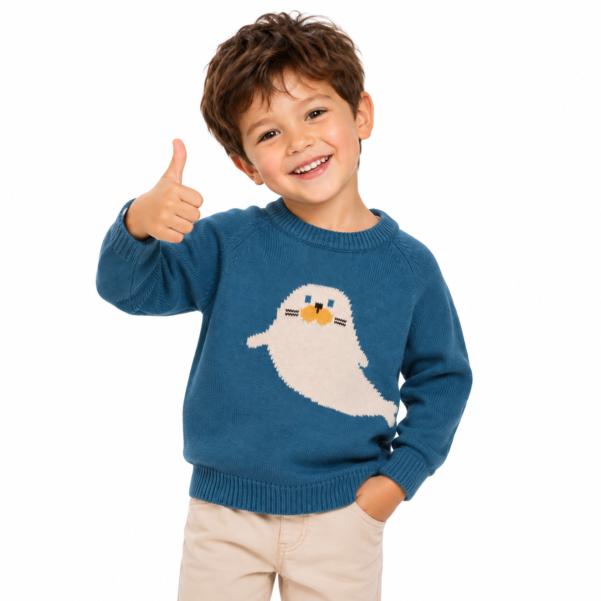 Ocean Teal Kids Seal Motif Knit Raglan Sweater  kids clothing YAG Boutique
