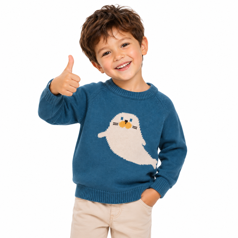 Ocean Teal Kids Seal Motif Knit Raglan Sweater  kids clothing YAG Boutique