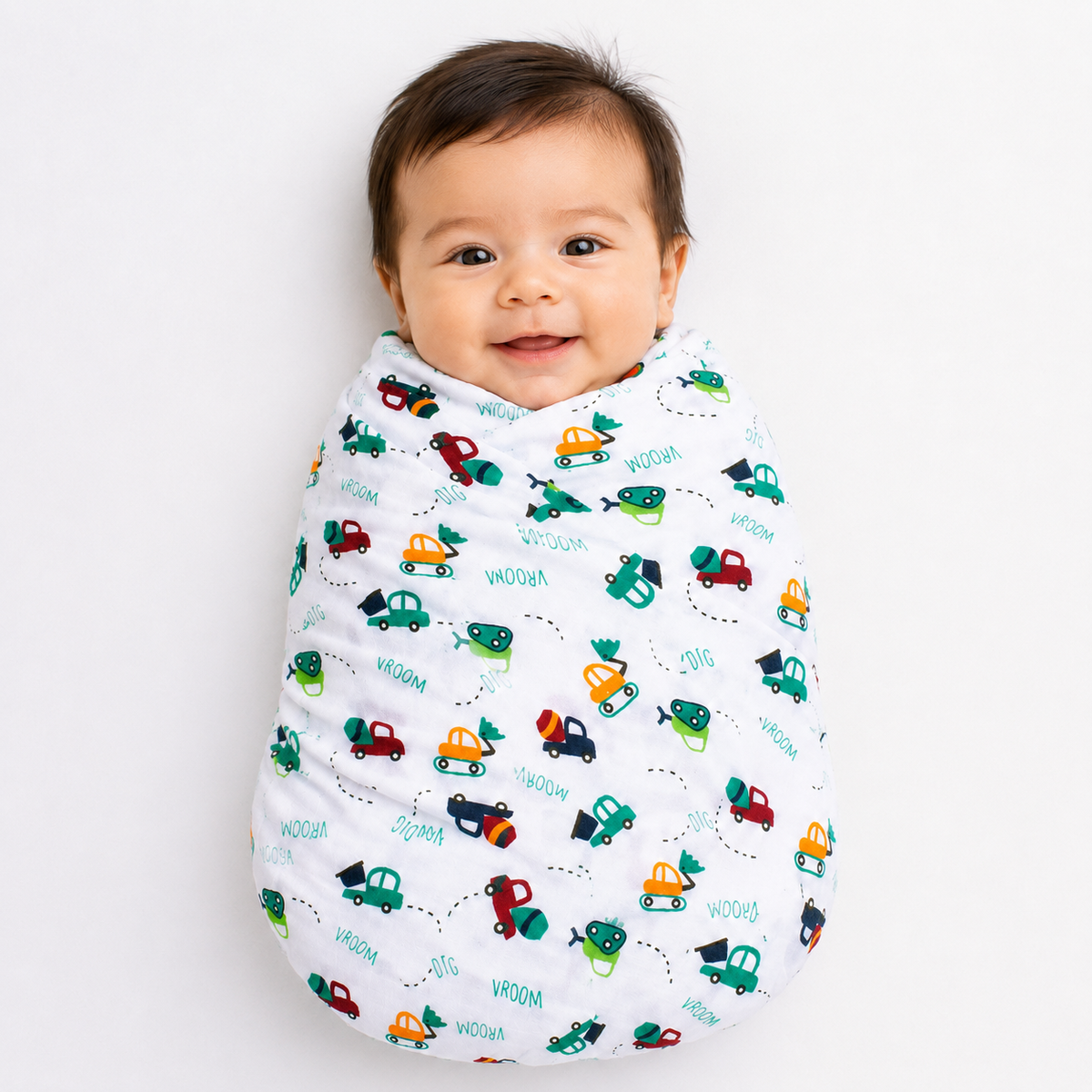 Organic Cotton Baby Swaddle Wrap - Colourful Trucks & Tractors   YAG Boutique