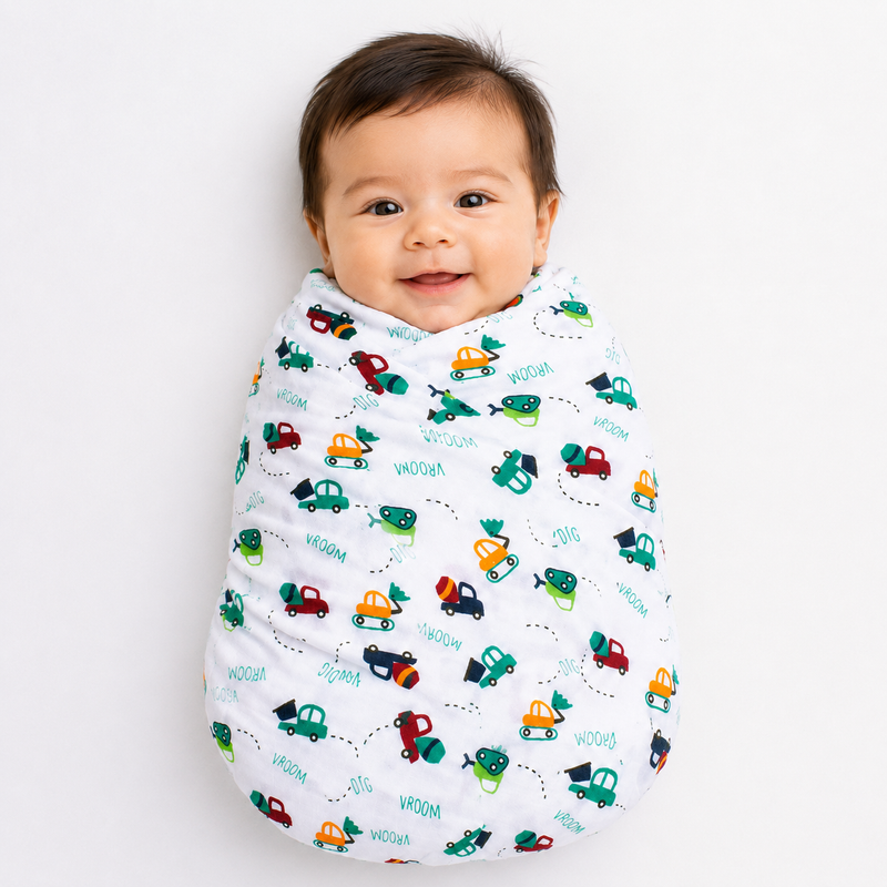 Organic Cotton Baby Swaddle Wrap - Colourful Trucks & Tractors   YAG Boutique