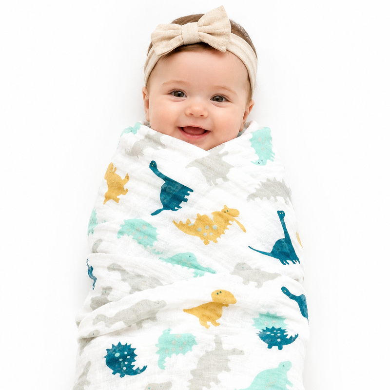 Organic Cotton Baby Swaddle Wrap - Joyful Dinosaur   YAG Boutique