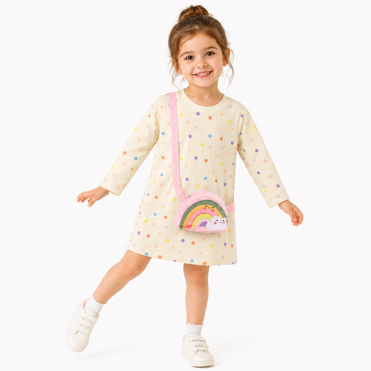 Pastel Polka Dot Girls Long Sleeve Shirt Dress with Rainbow Crossbody Bag Appliqué  girls clothing YAG Boutique