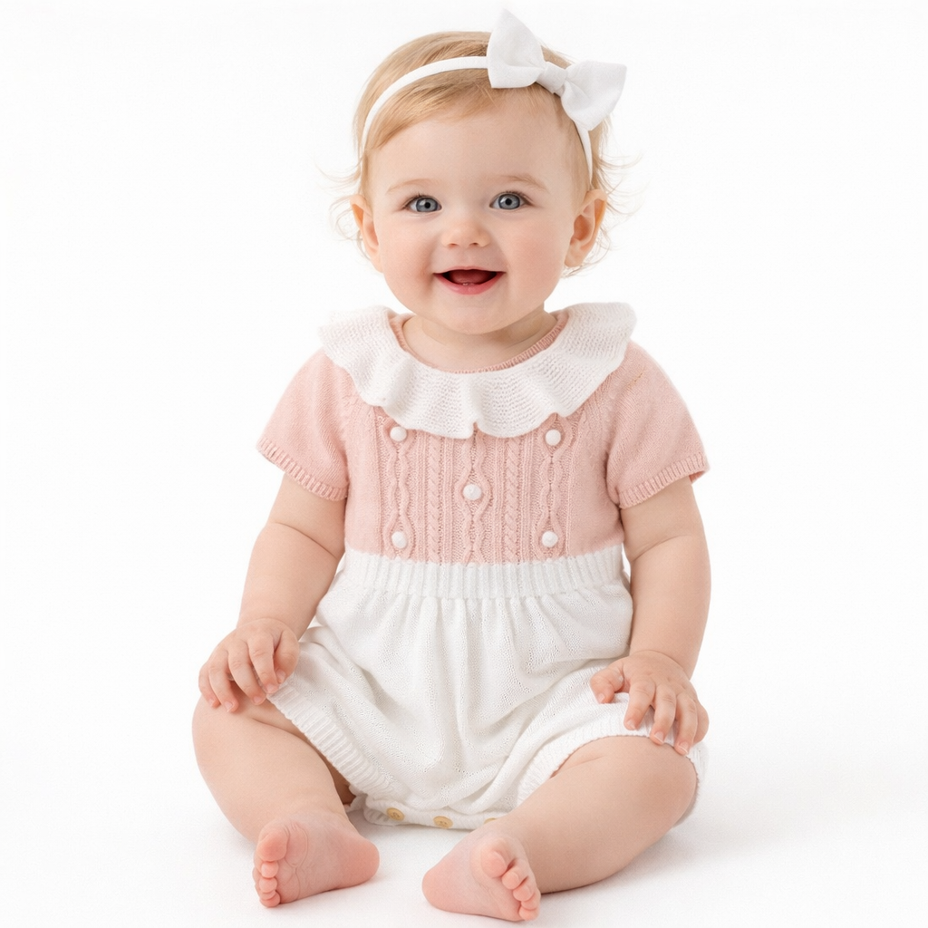 Baby Girl Pink & White Cotton Knit Romper Dress with Ruffle Collar  girls clothing YAG Boutique