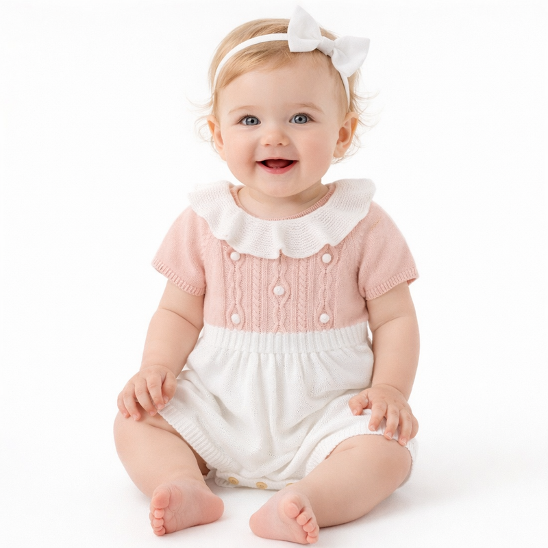 Baby Girl Pink & White Cotton Knit Romper Dress with Ruffle Collar  girls clothing YAG Boutique