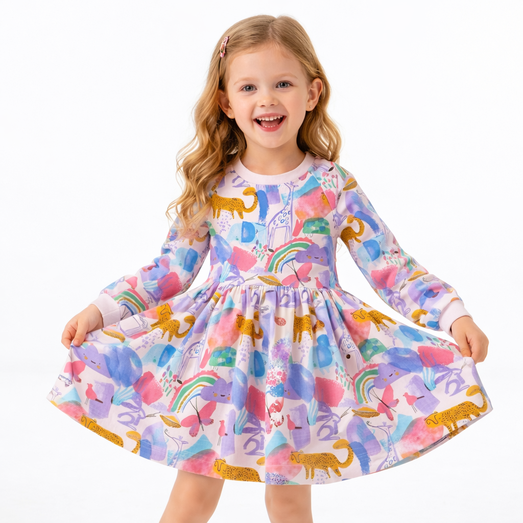 Rainbow Jungle Safari Long Sleeve Girls Dress  girls clothing YAG Boutique