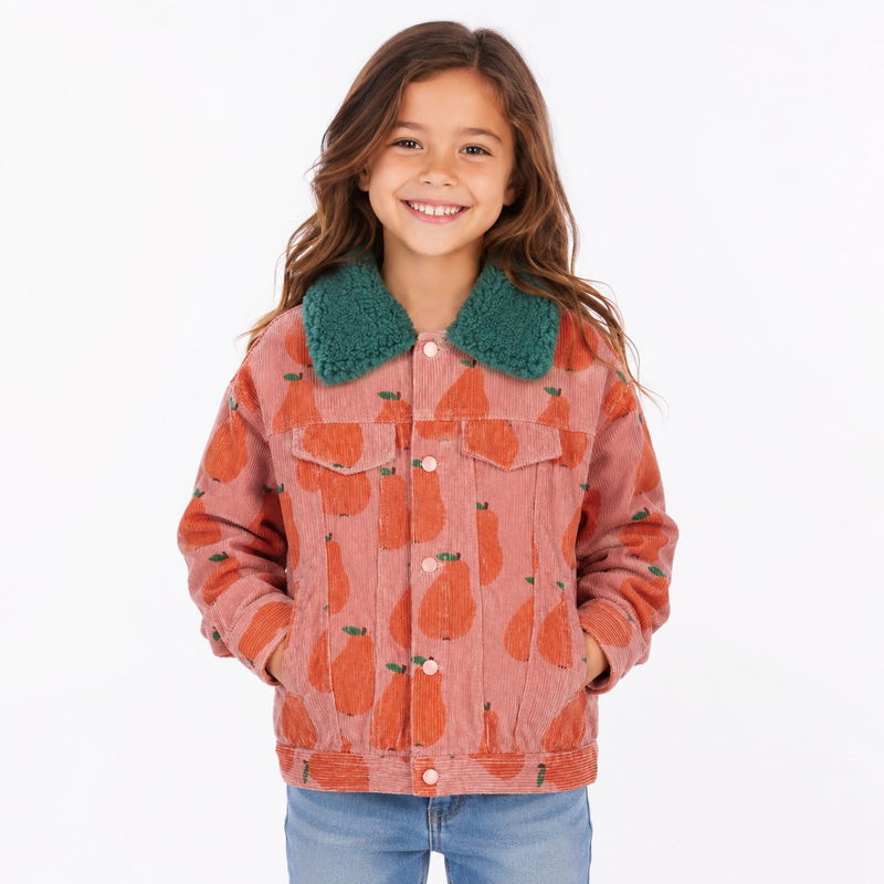 Retro Pear Pattern Pink Corduroy Jacket with Green Sherpa Collar  girls clothing YAG Boutique
