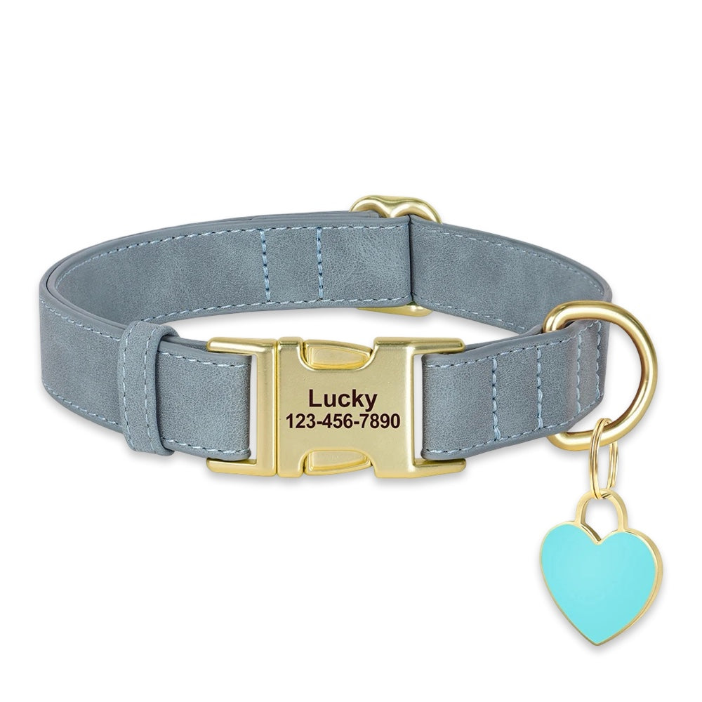 Personalised Leather Dog Collar with Engraved Gold Buckle & Matching Heart Tag  pet accessories YAG Boutique