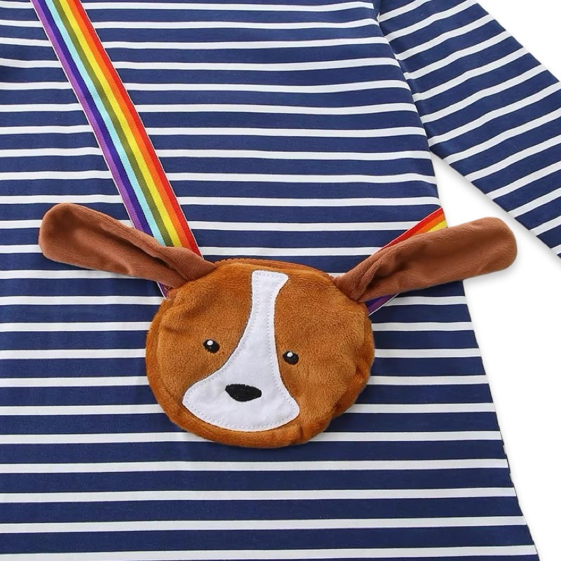 Little Explorer Rainbow Stripe Long Sleeve Dress with 3D Plush Puppy Crossbody Bag  girls clothing YAG Boutique