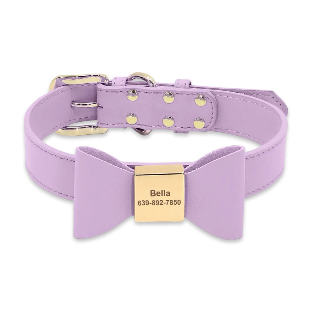 Luxury Personalized PU Leather Dog Collar with Custom Engraved Bow Tie  pet accessories YAG Boutique
