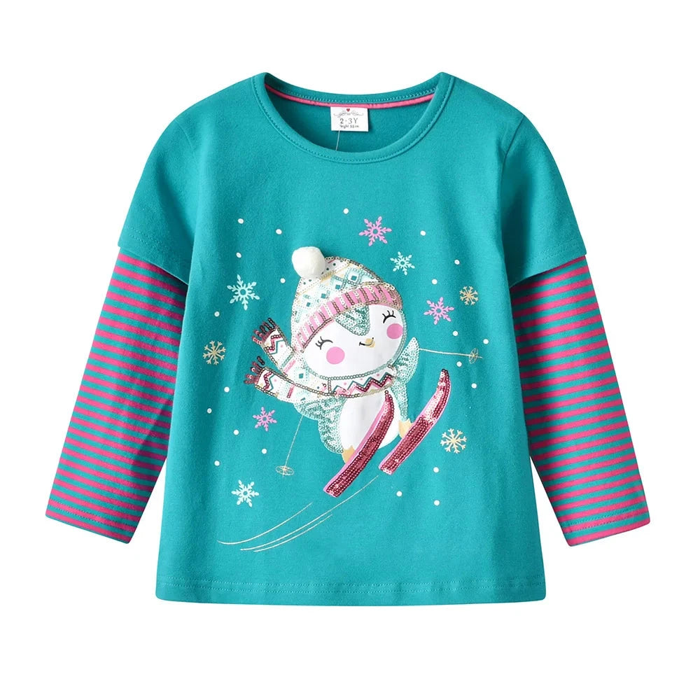 Penguin Ski Party Girls Long Sleeve Top  kids clothing YAG Boutique