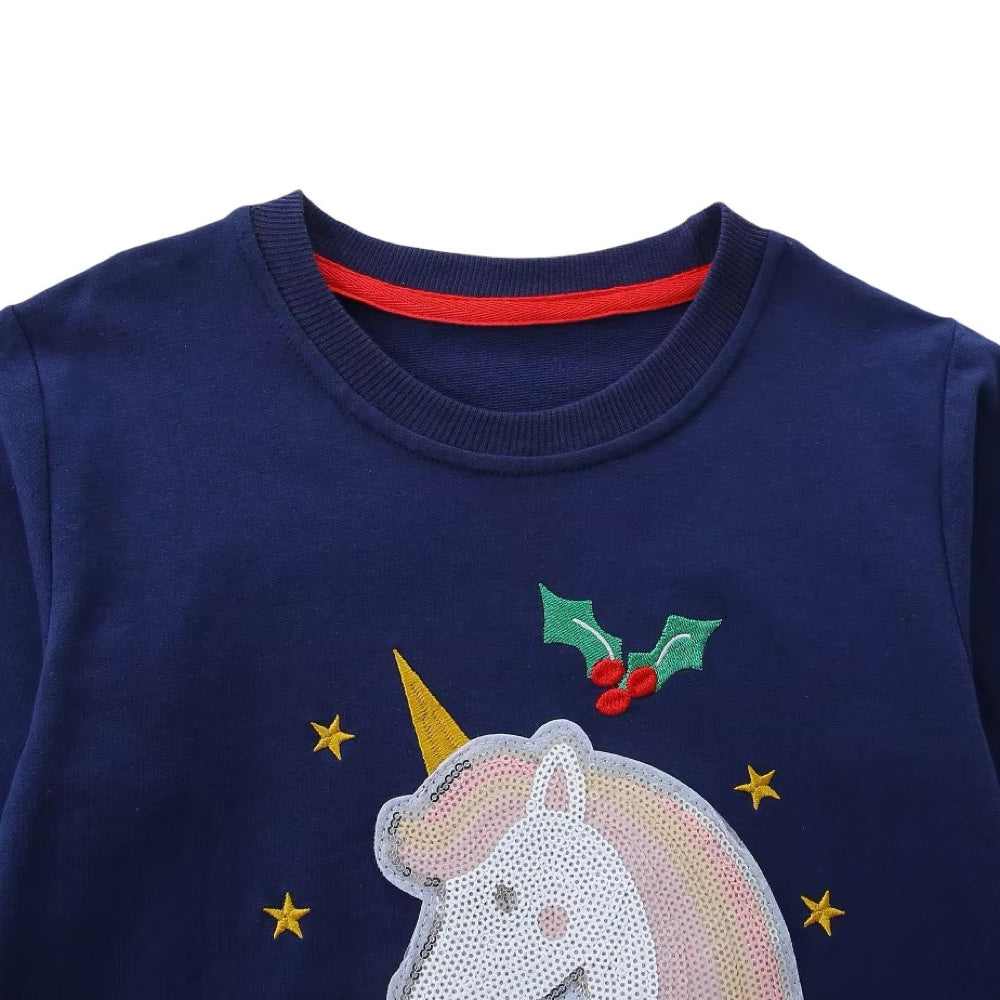Girls Navy Blue Unicorn Sequined Sweatshirt Tulle Dress  girls clothing YAG Boutique