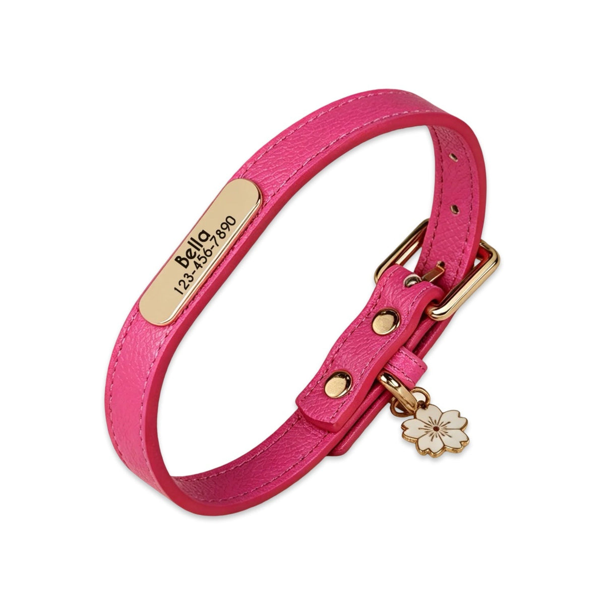 Personalised Leather Dog Collar with Engraved Gold ID Name Tag Plate & Charm  pet accessories YAG Boutique