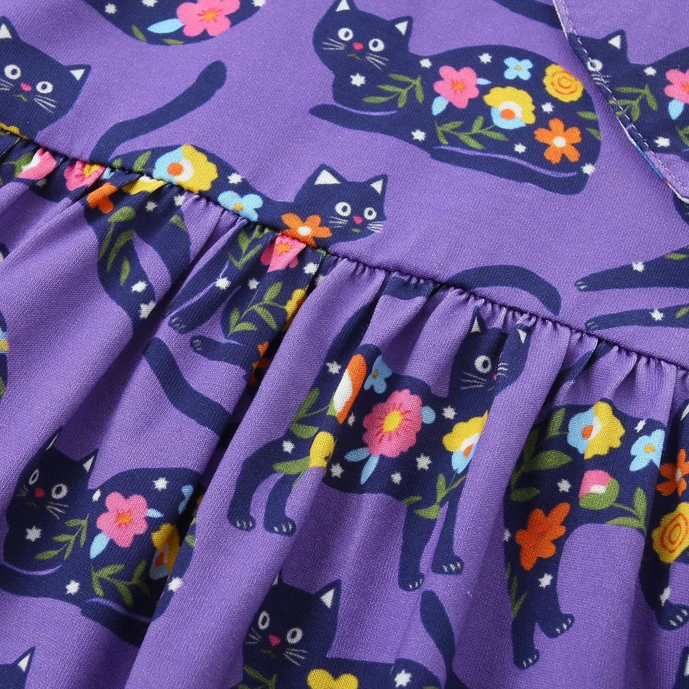 Girls Purple Floral Cat Long Sleeve Pocket Dress  girls clothing YAG Boutique