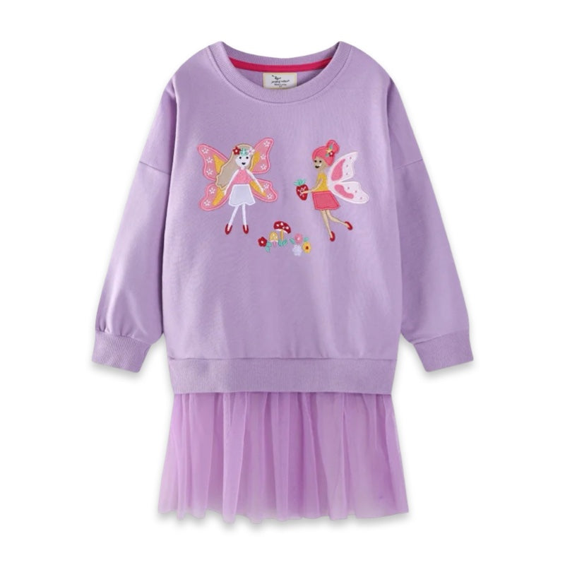 Girls Lavender Fairy Embroidery Sweatshirt Dress with Tulle Tutu Skirt  girls clothing YAG Boutique