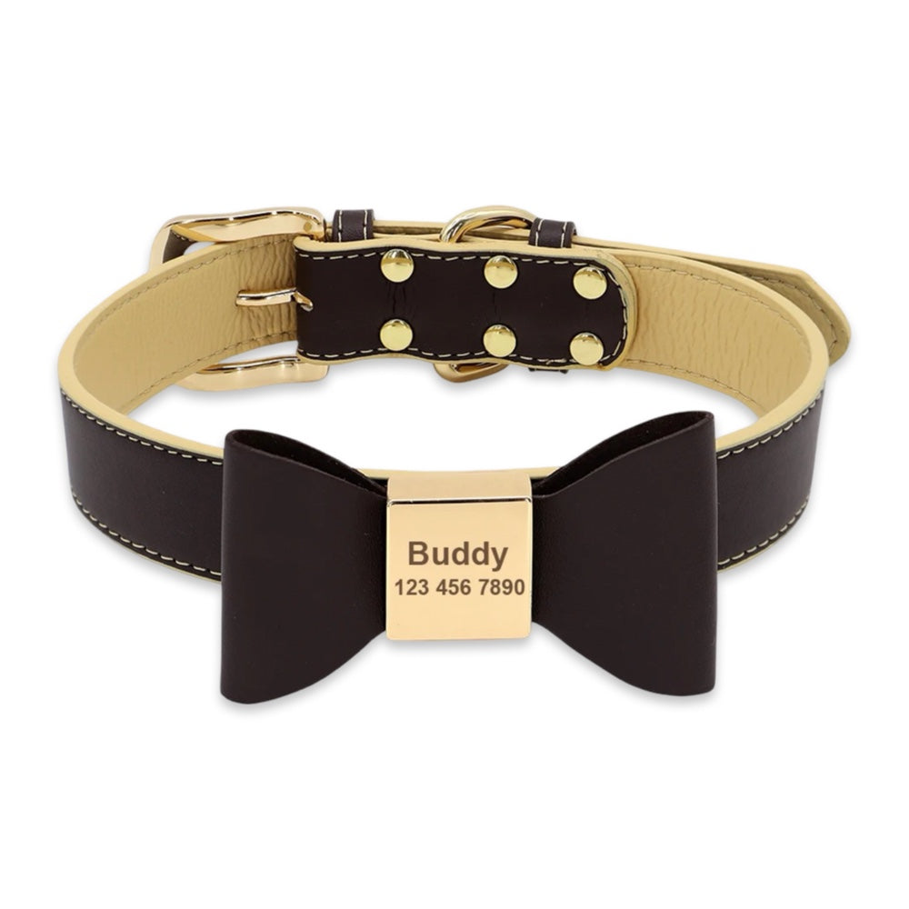 Luxury Personalized PU Leather Dog Collar with Custom Engraved Bow Tie  pet accessories YAG Boutique
