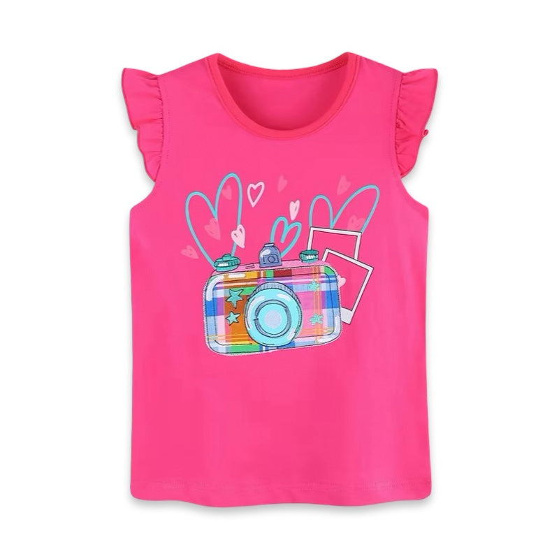 Girls Hot Pink Ruffle Camera T-Shirt & Colorful Plaid Shorts 2-Piece Outfit Set  girls clothing YAG Boutique
