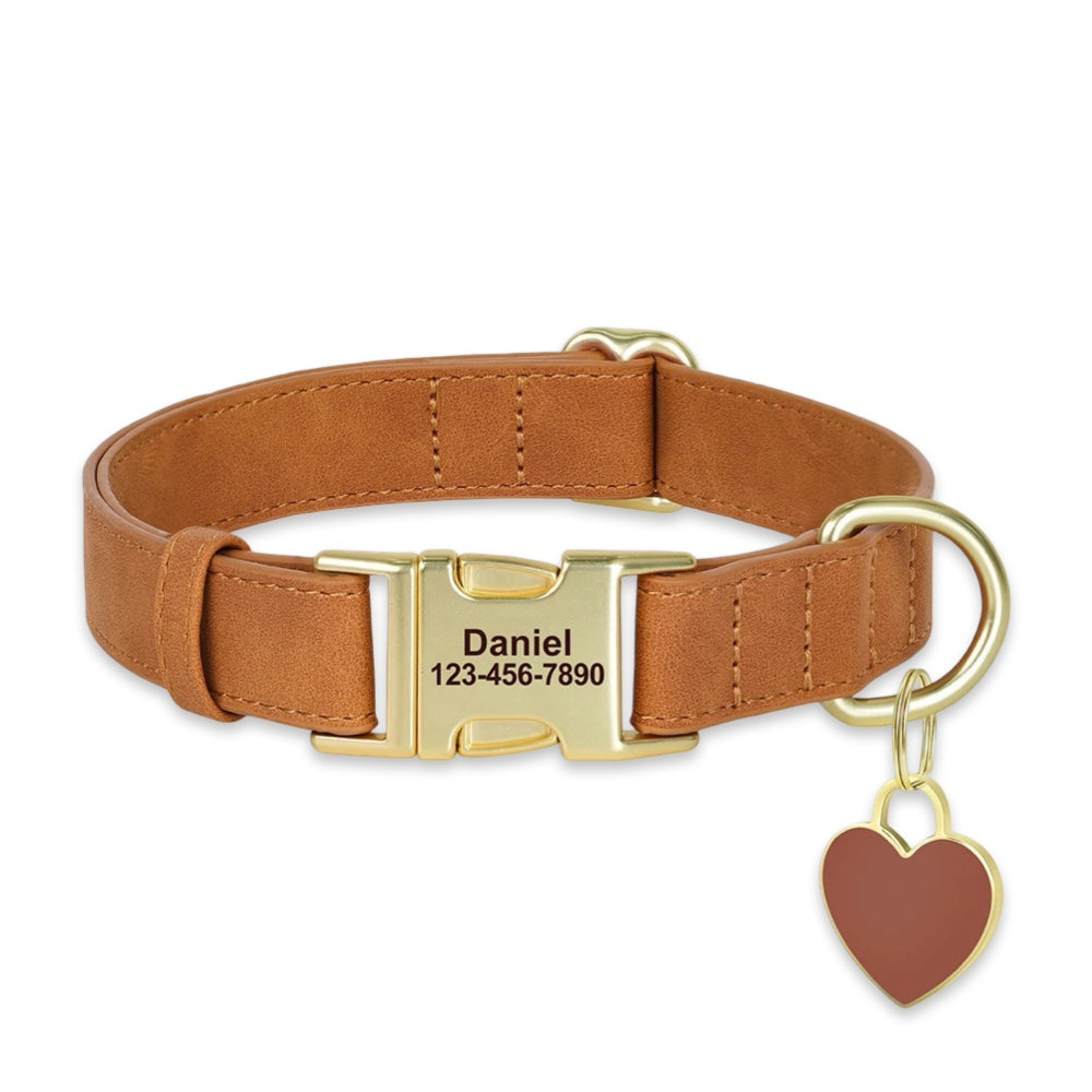 Personalised Leather Dog Collar with Engraved Gold Buckle & Matching Heart Tag  pet accessories YAG Boutique