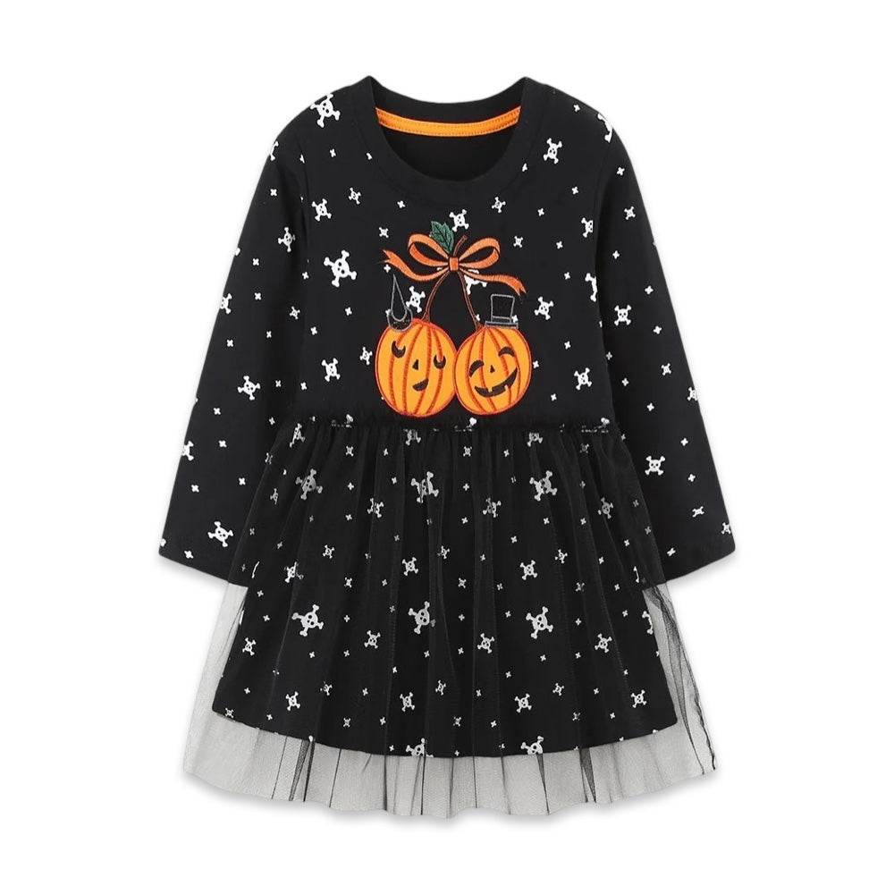 Girls Halloween Pumpkin Skulls Long-Sleeve Tulle Skirt Dress  girls clothing YAG Boutique
