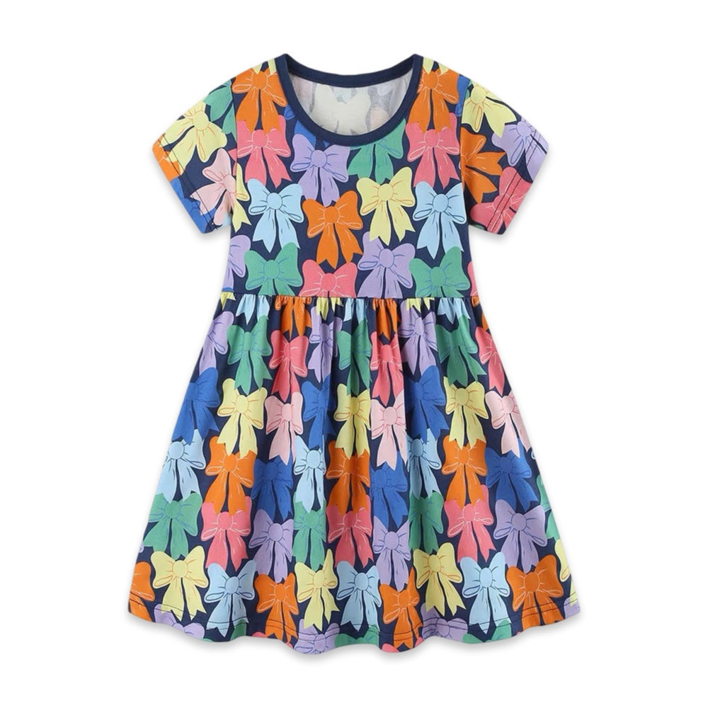 Girls Colorful Bow Print Cotton Short Sleeve A-Line Everyday Dress  girls clothing YAG Boutique