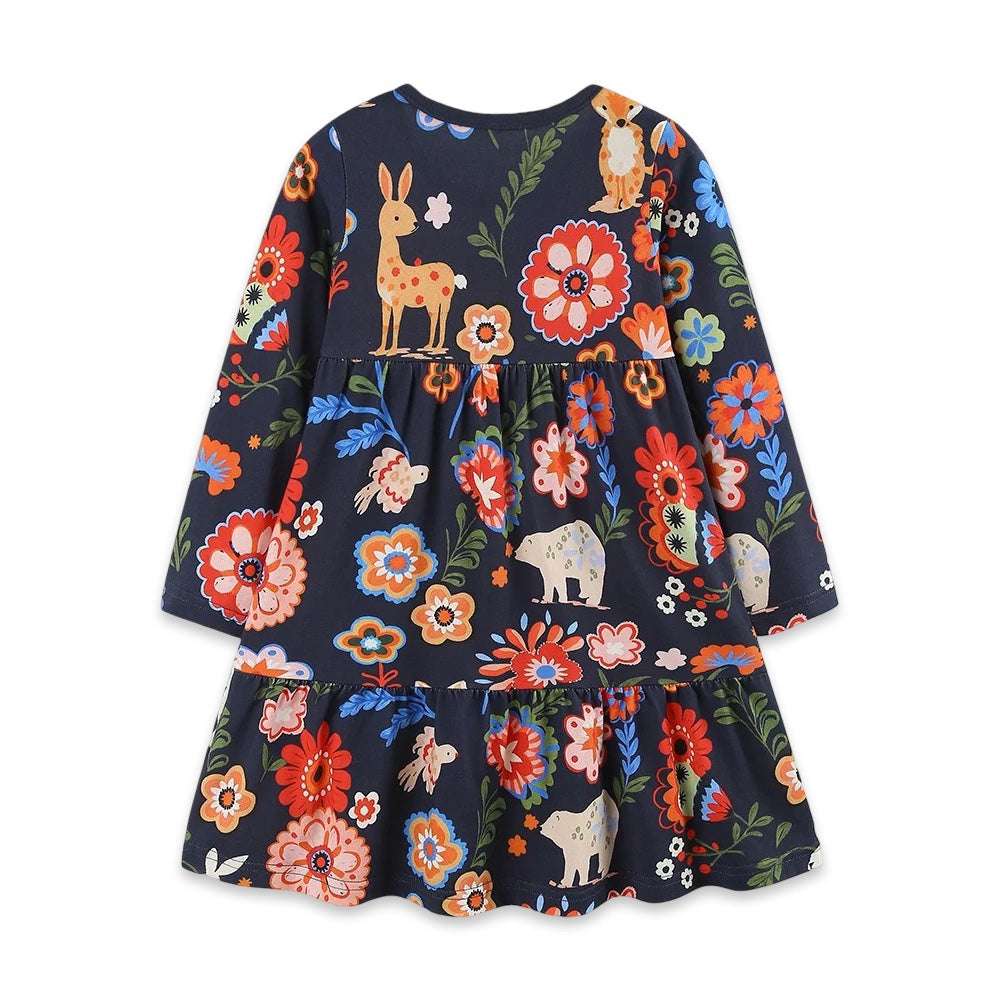 Girls Woodland Floral Long Sleeve Tiered Twirl Dress  girls clothing YAG Boutique