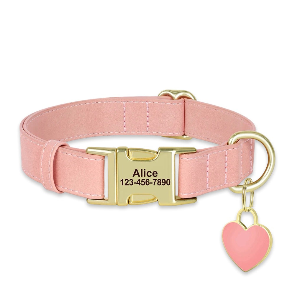 Personalised Leather Dog Collar with Engraved Gold Buckle & Matching Heart Tag  pet accessories YAG Boutique