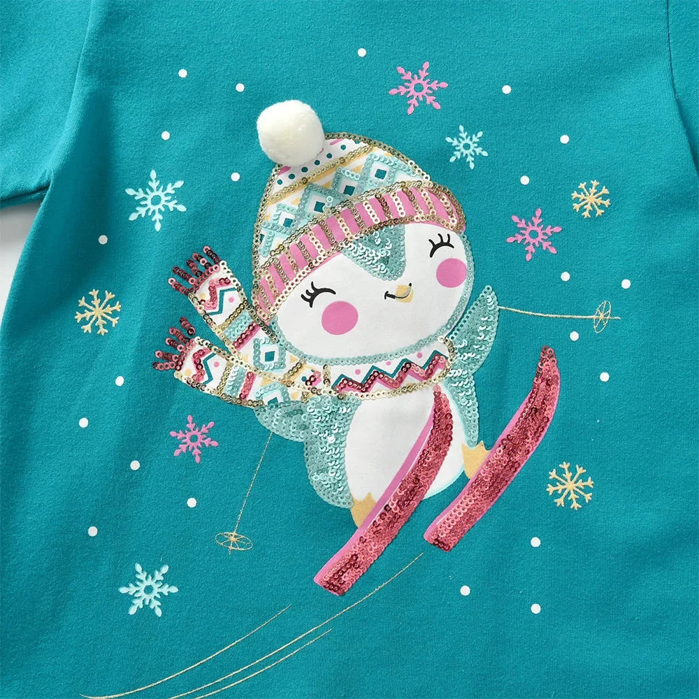 Penguin Ski Party Girls Long Sleeve Top  kids clothing YAG Boutique