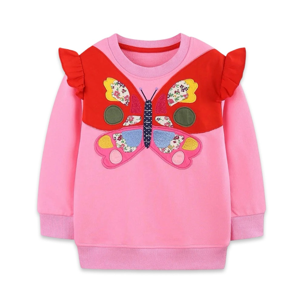 Girls' Butterfly Patchwork Sweatshirt with Ruffle Shoulder Detail  girls clothing YAG Boutique