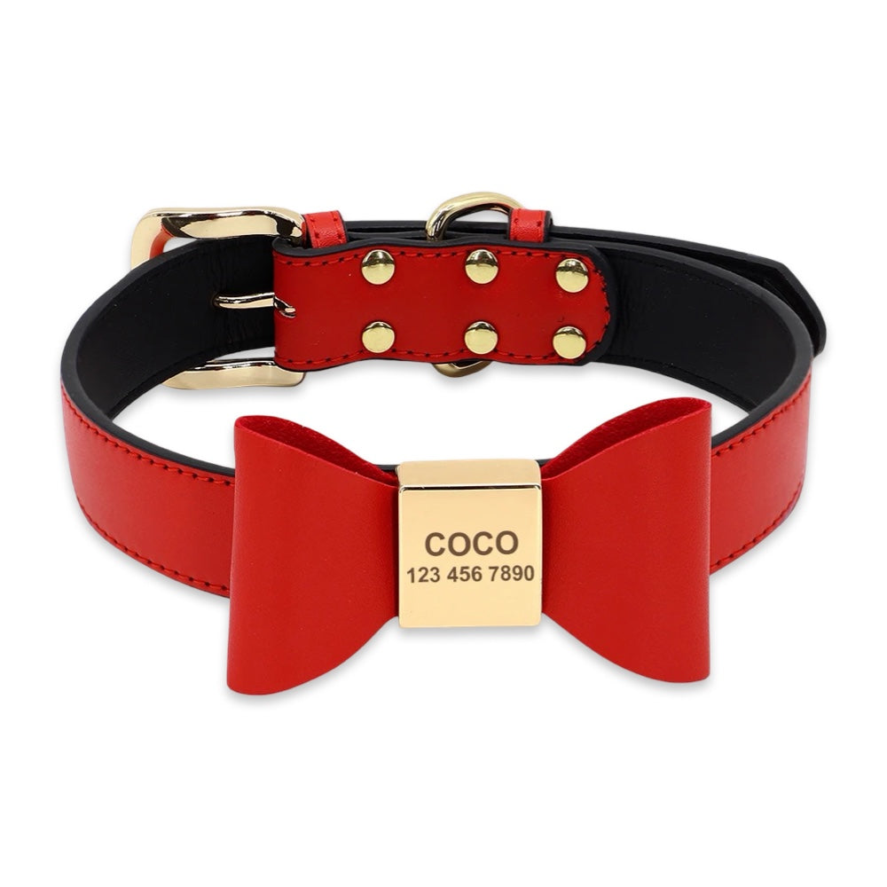Luxury Personalized PU Leather Dog Collar with Custom Engraved Bow Tie  pet accessories YAG Boutique