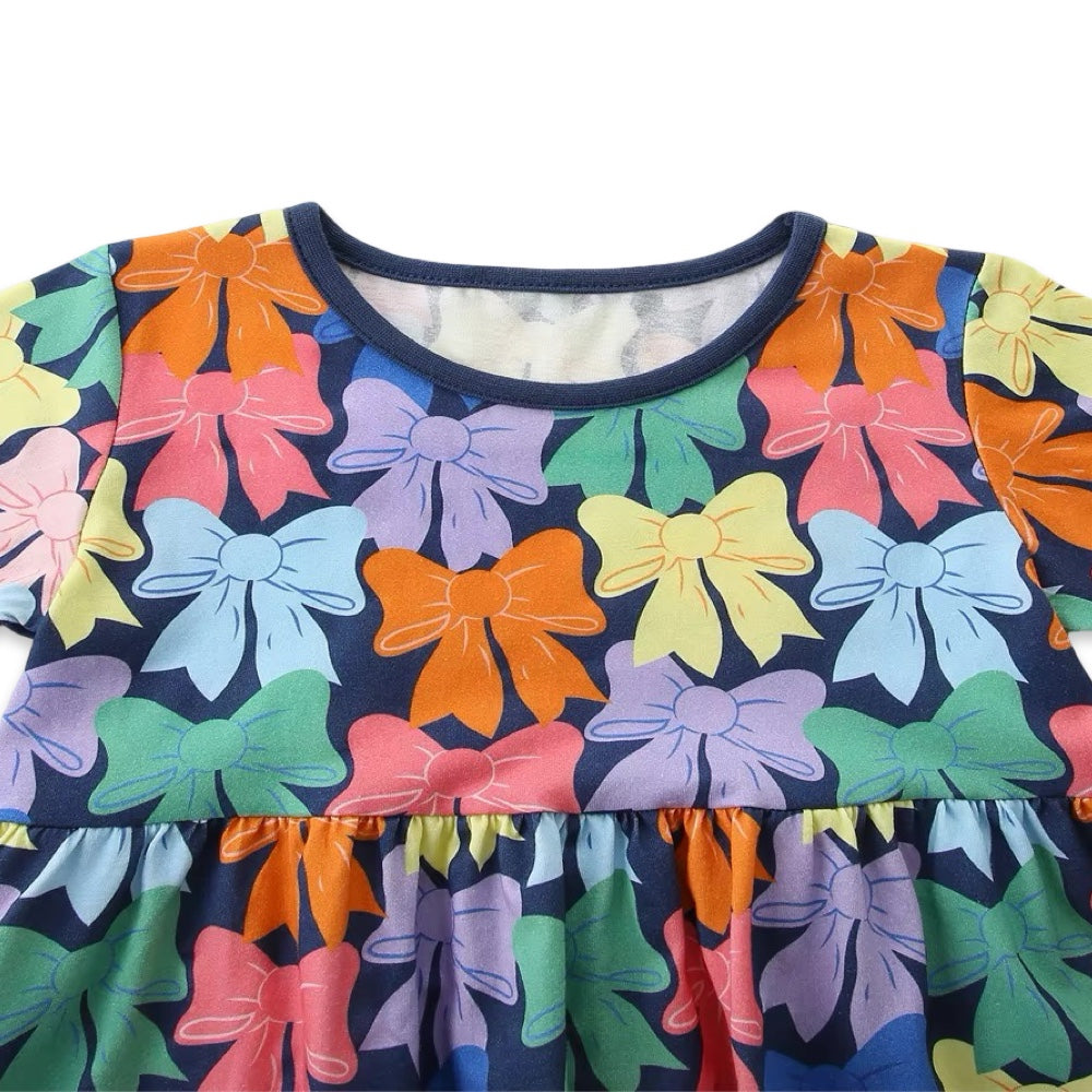 Girls Colorful Bow Print Cotton Short Sleeve A-Line Everyday Dress  girls clothing YAG Boutique